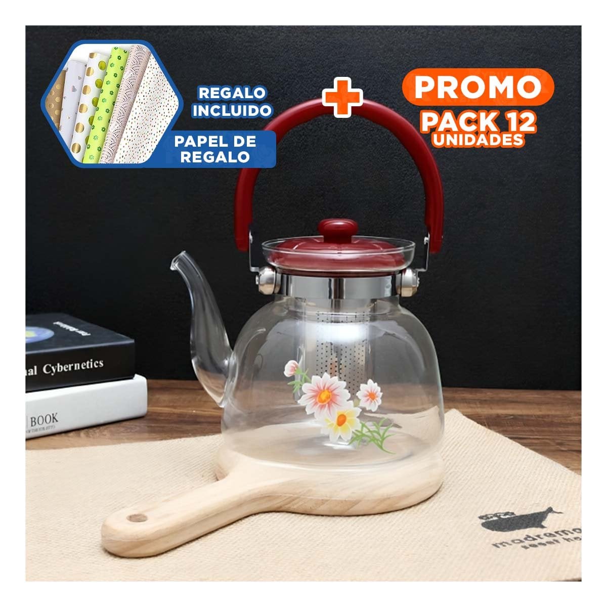 PACK12 CALDERA 850ML TRANSPARENTE CON TAPA GUINDA PARA ESPACIO CONTEMPORANEO Y+PAPEL REGALO - 1