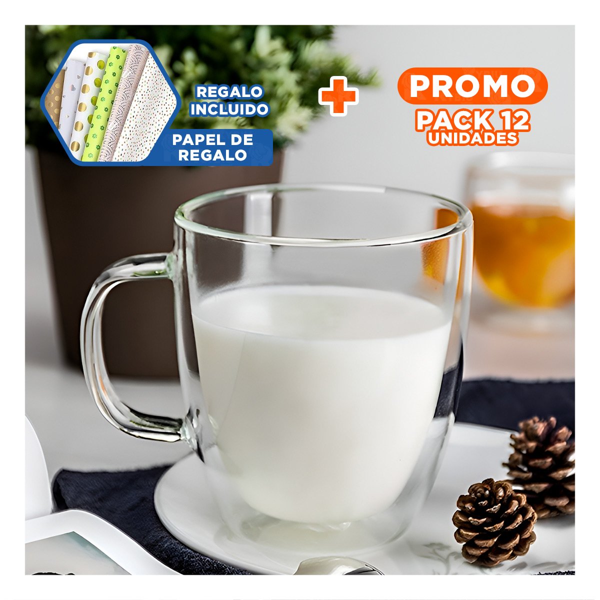 PACK12 RECIPIENTE VIDRIO DE 250ML PERFIL DE DIMENSIONES 8X8X11CM TRANSPARENTE + PAPEL REGALO - 1