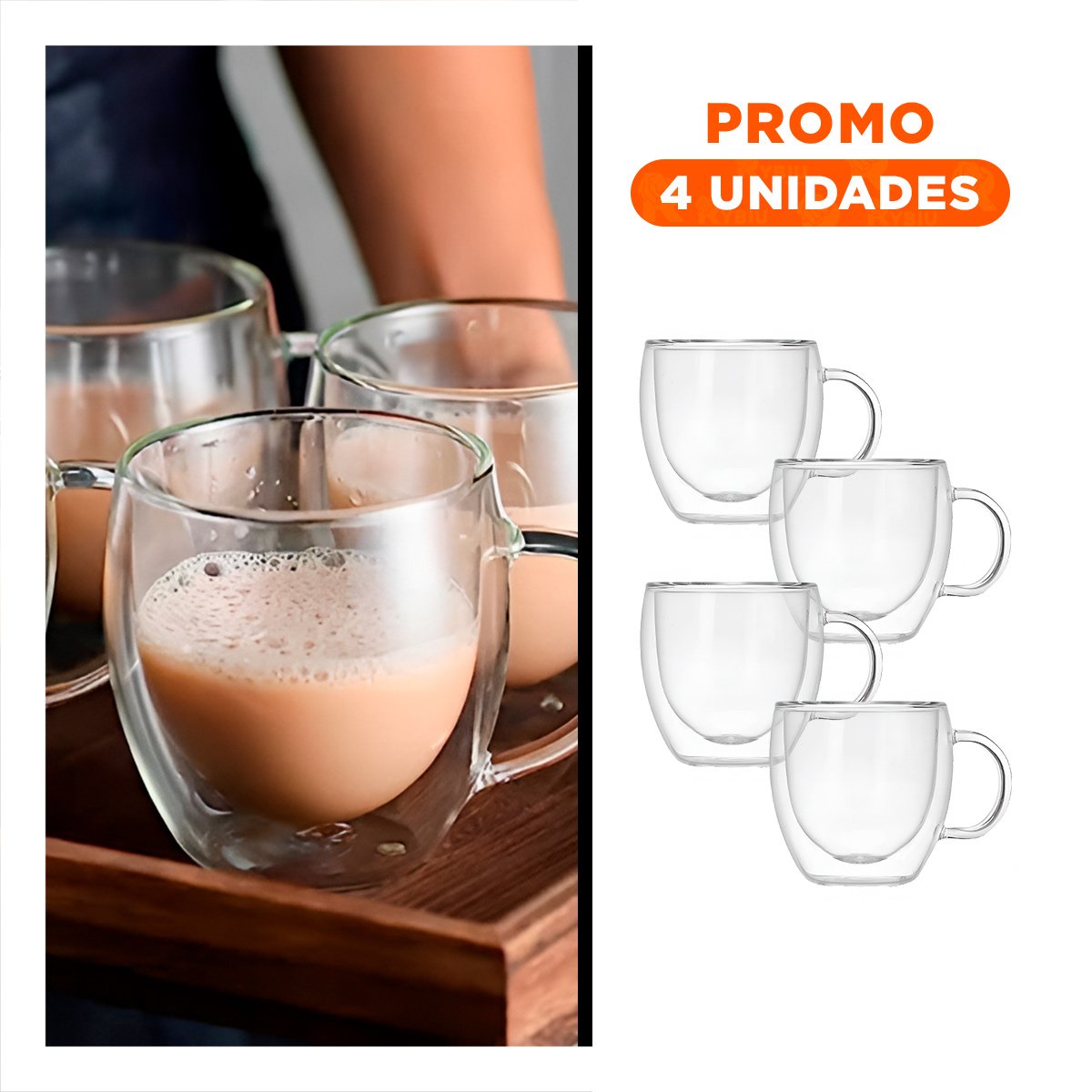 PACK4 RECIPIENTE DOBLE CAPA 100 ML ESPRESSO TRANSPARENTE CON ASA CIRCULAR Y+REGALO STICKER - 1