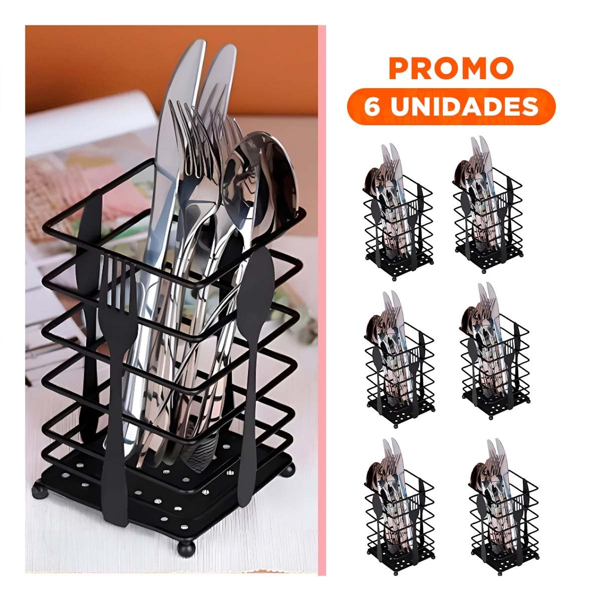 PACK6 SOPORTE DE METAL NEGRO PARA CUBIERTOS RECTANGULAR EN COCINA MODERNA - 1