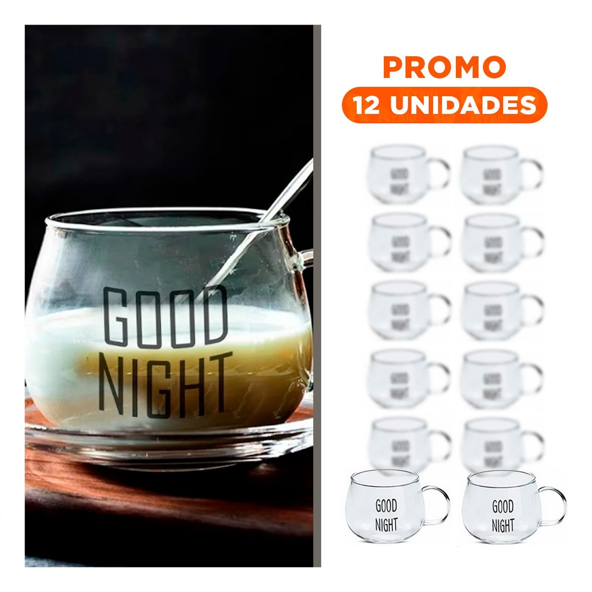 PACK12 JARRO DE VIDRIO TRANSPARENTE 350 ML CON FRASE GOOD NIGHT MODERNA Y+REGALO STICKER - 1