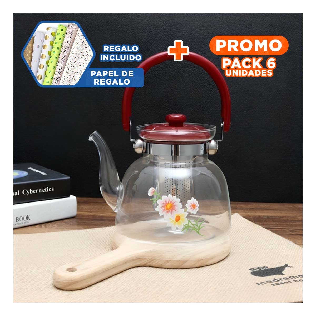 PACK6 RECIPIENTE 850ML TRANSPARENTE CON TAPA GUINDA PARA SERVICIO HABITUAL Y+PAPEL REGALO - 1