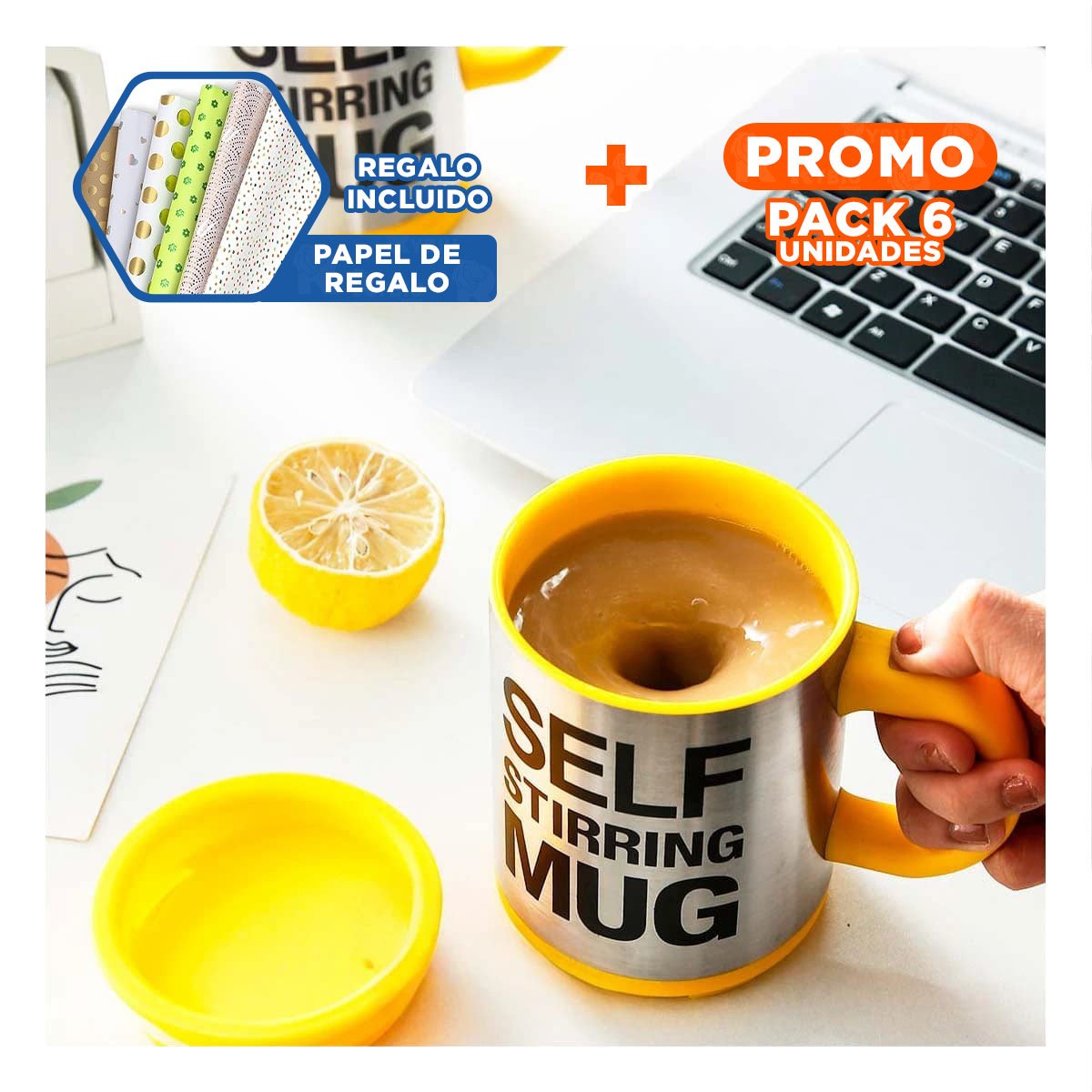 PACK6 BATIDOR PORTATIL ELECTRICO 400 ML CON 2 PILAS AAA AMARILLO Y+PAPEL REGALO - 1