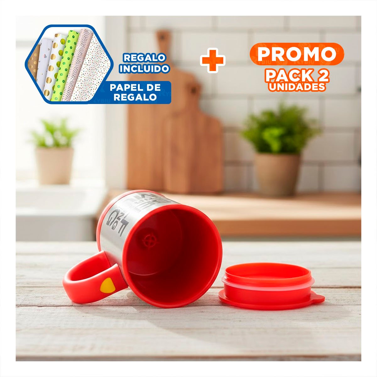PACK2 BATIDORA PARA BEBIDAS 400 ML CON 2 PILAS AAA PARA HOGAR ROJO Y+PAPEL REGALO - 1