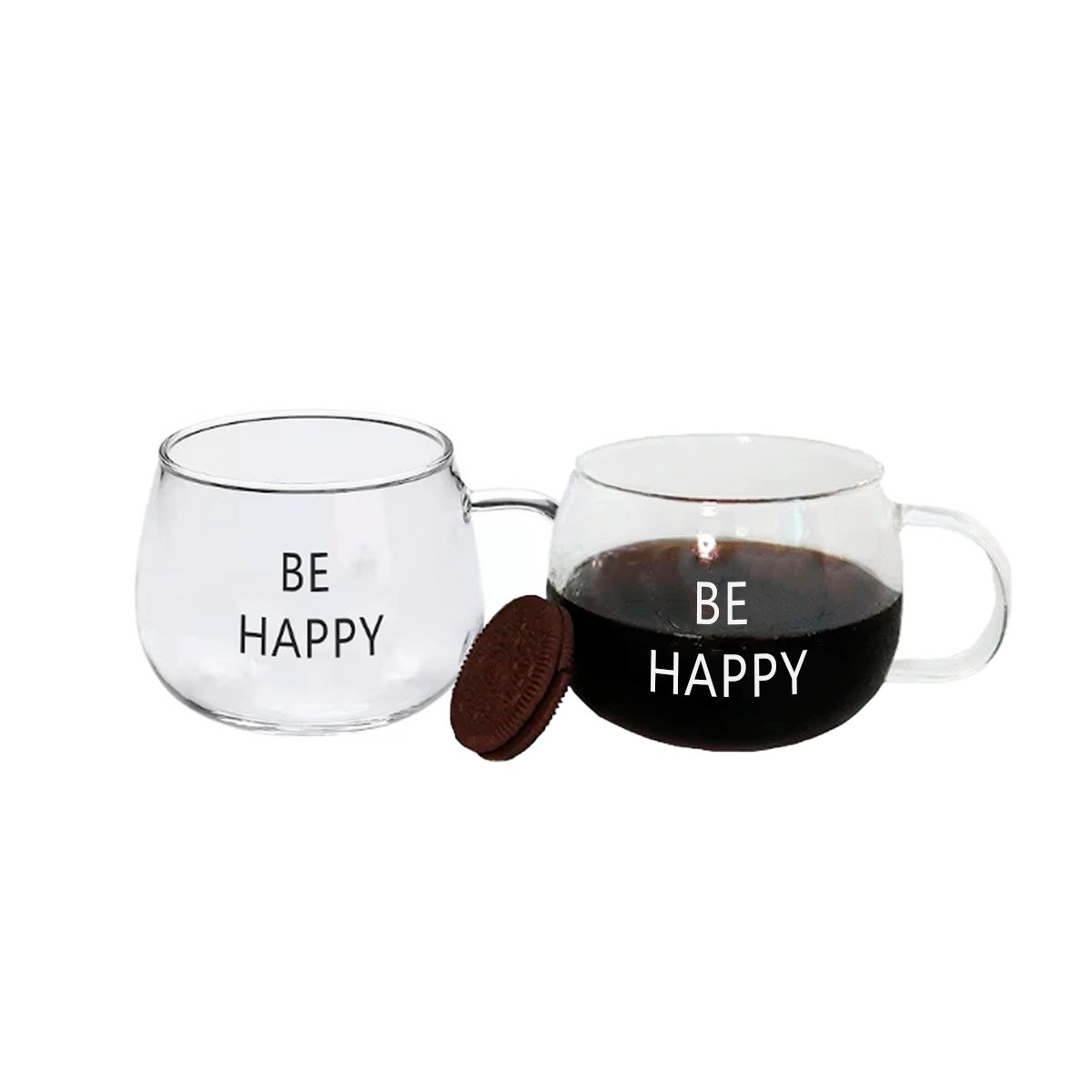 PACK4 TAZA CON FRASE BE HAPPY 350 ML VIDRIO TRANSPARENTE ELEGANTE Y+PAPEL REGALO - 3