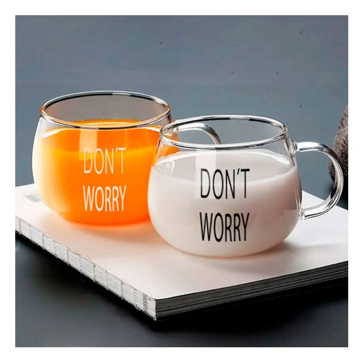 PACK2 TAZA DE VIDRIO EN COLOR TRANSPARENTE CON FRASE DONT WORRY 350 ML Y+PAPEL REGALO - 5