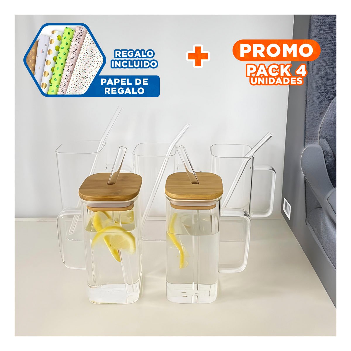 PACK4 VASO RECTANGULAR 350 ML DE VIDRIO CON ASA Y TAPA Y+PAPEL REGALO - 1