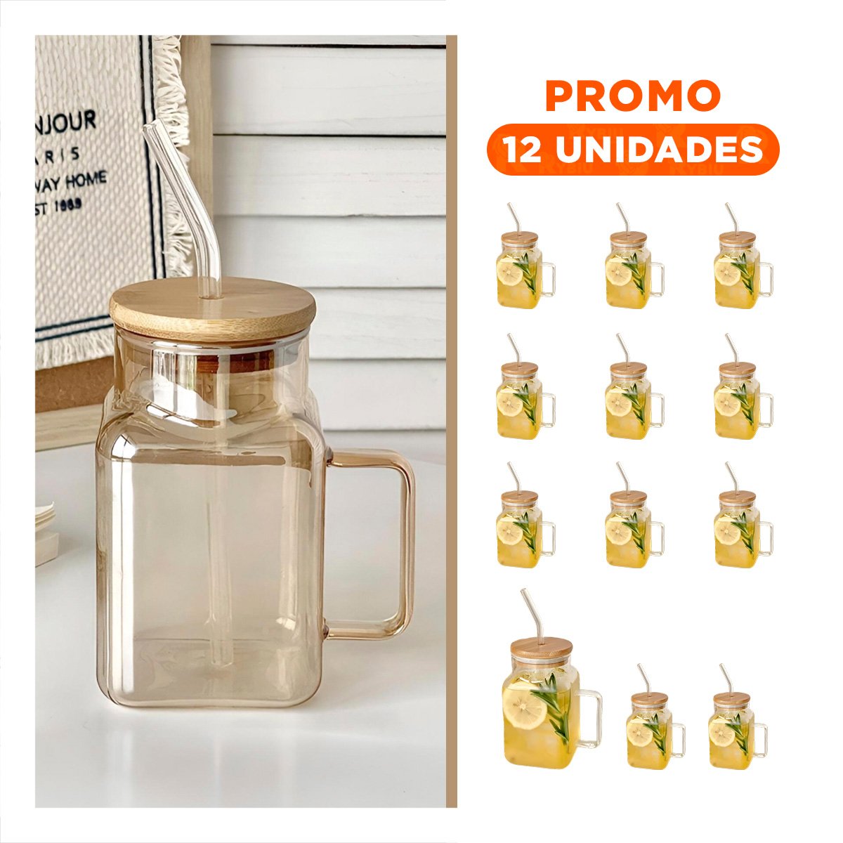 PACK12 CONTENEDOR MODERNO TRANSPARENTE CON ASA 500ML Y+REGALO STICKER - 1