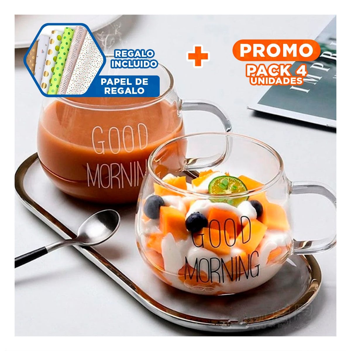 PACK4 TAZA CON FRASE GOOD MORNING 350 ML VIDRIO TRANSPARENTE ELEGANTE Y+PAPEL REGALO - 1