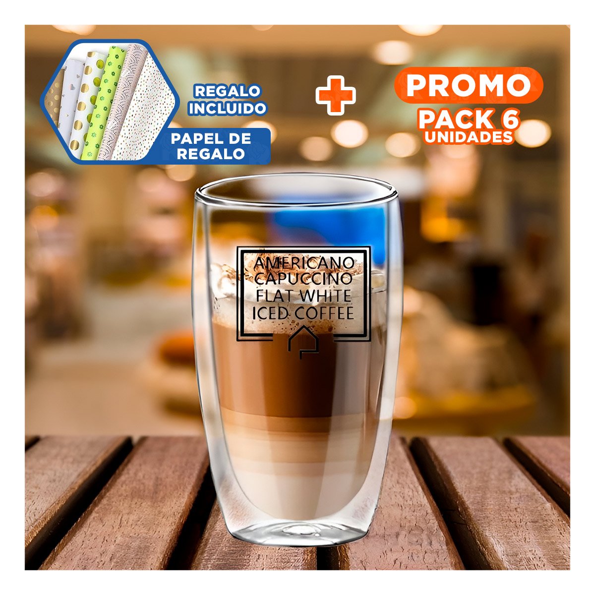 PACK6 COPA FRAPPUCCINO 450 ML EN COLOR TRANSPARENTE CON VIDRIO DOBLE CAPA Y+PAPEL REGALO - 1