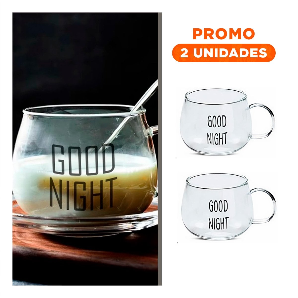 PACK2 TAZA 350 ML DE VIDRIO TRANSPARENTE ESTILO FRASE GOOD NIGHT - 1