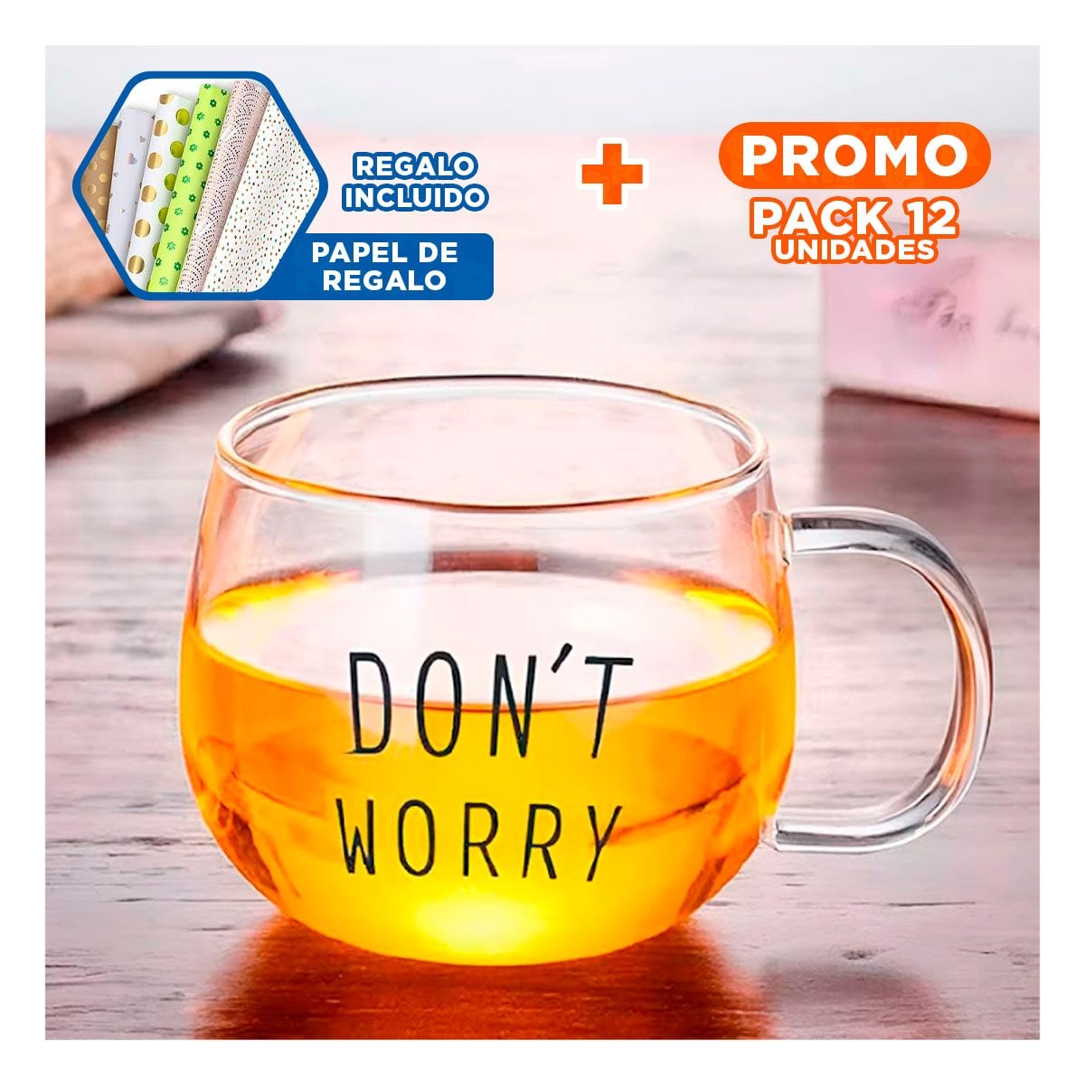 PACK12 JARRO 350 ML EN VIDRIO TRANSPARENTE ESTETICA FRASE DONT WORRY Y+PAPEL REGALO - 1