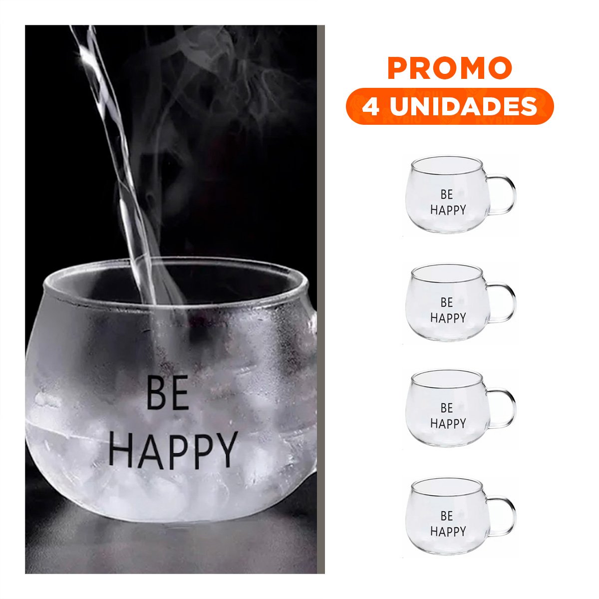 PACK4 COPA TRANSPARENTE DE VIDRIO 350 ML CON FRASE BE HAPPY Y+REGALO STICKER - 1