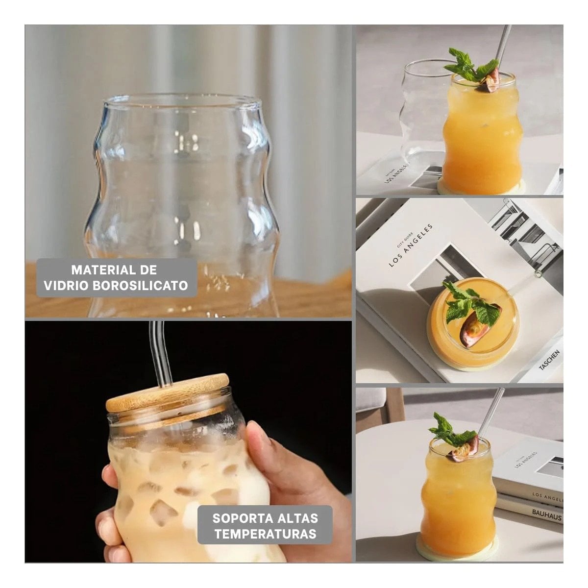 RECIPIENTE DE VIDRIO 500ML CON TAPA Y SORBETE TRANSPARENTE PARA BEBIDAS - 5