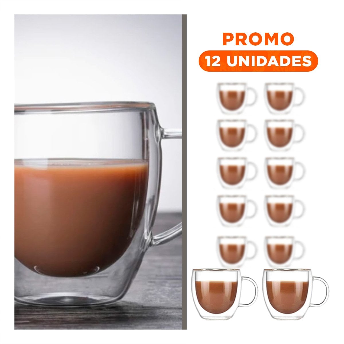 PACK12 TAZA DE VIDRIO TRANSPARENTE 290 MILILITROS CON FORMA DOBLE CAPA Y+REGALO STICKER - 1