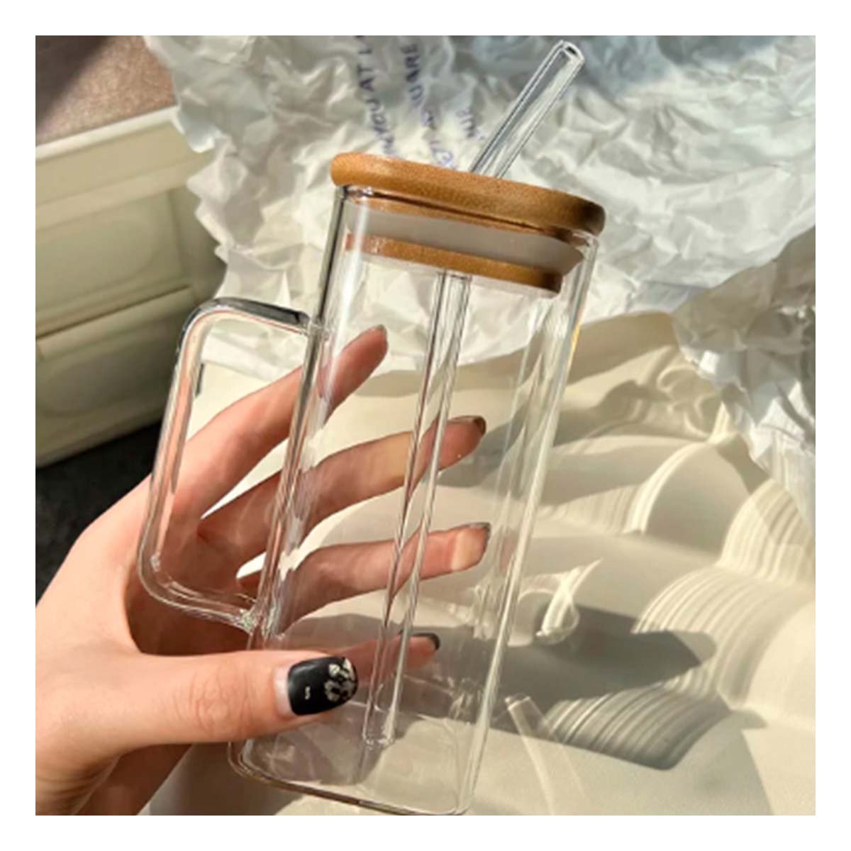 PACK6 VASO ELEGANTE 350 ML DE VIDRIO CON ASA TAPA - 2