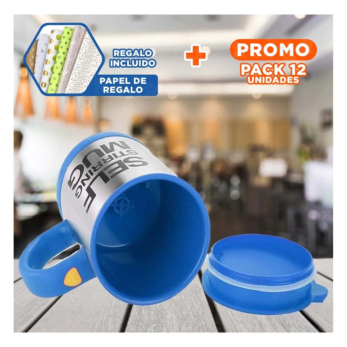 PACK12 MEZCLADOR PRACTICO 400 ML CON 2 PILAS AAA PARA BEBIDAS AZUL Y+PAPEL REGALO - 1