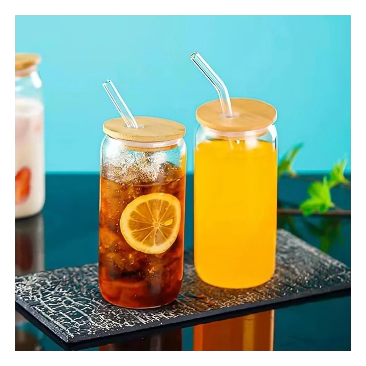 PACK6 COPA PRACTICA DE VIDRIO 500ML CON TAPA Y SORBETE TRANSPARENTE - 5