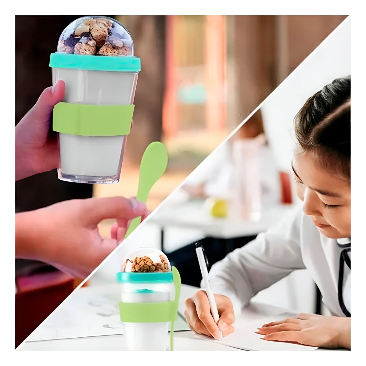 PACK2 VASO PARA LLEVAR YOGURT Y CEREAL CON 350 ML EN VERDE LIMON FUNCIONAL Y+REGALO STICKER - 3