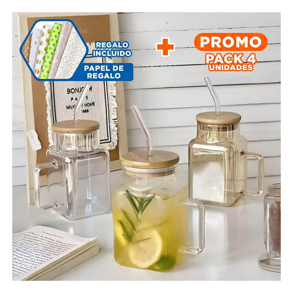 PACK4 RECIPIENTE RECTANGULAR TRANSPARENTE CON ASA 500ML Y+PAPEL REGALO - 1