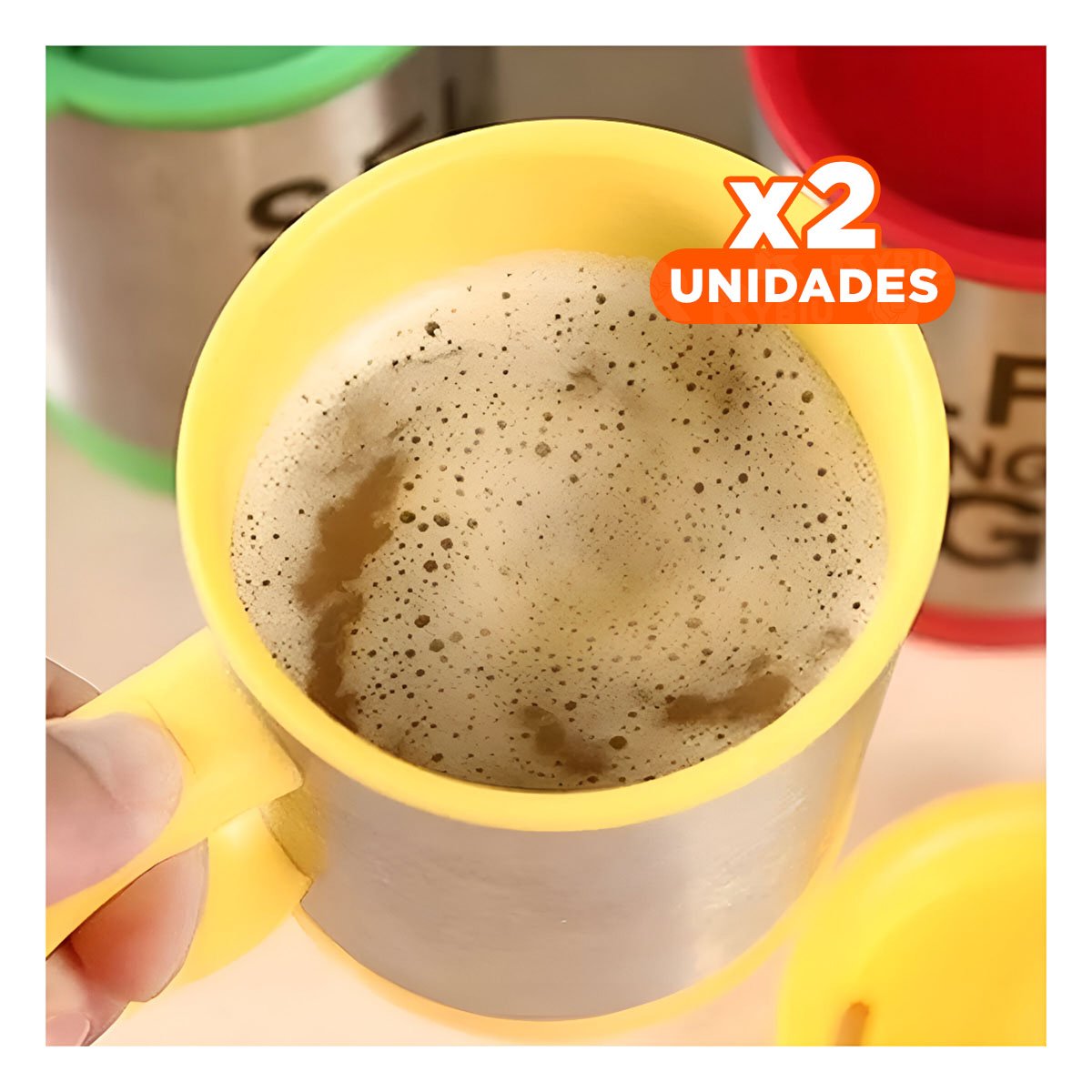 PACK2 TAZA MEZCLADORA ELECTRICA 400 ML CON 2 PILAS AAA AMARILLO Y+REGALO STICKER - 1