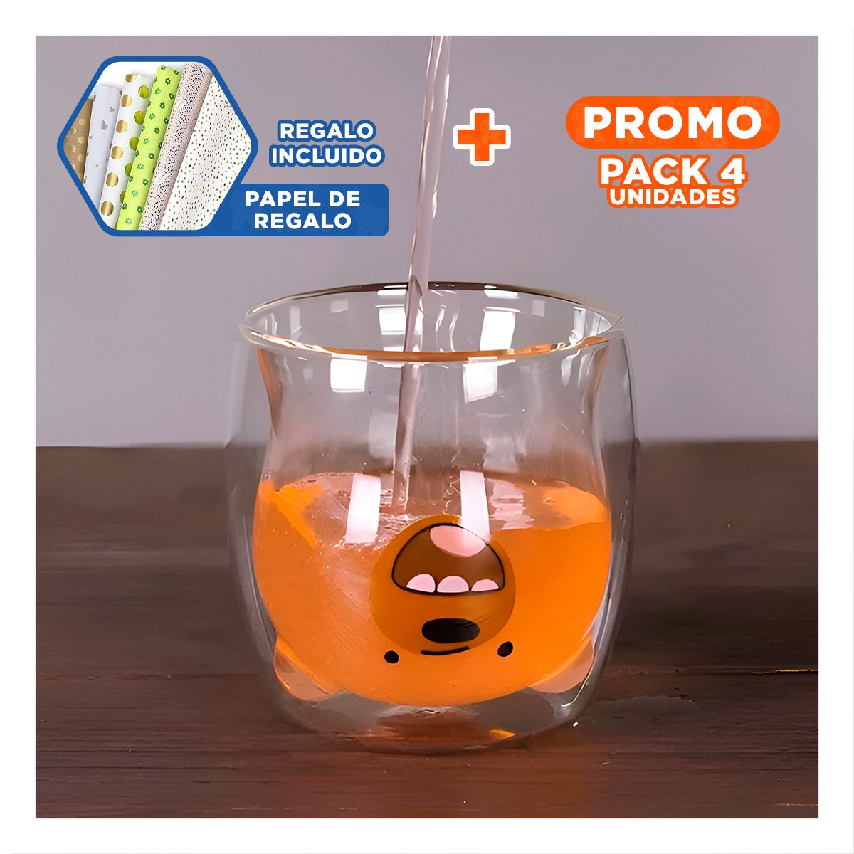PACK4 TAZA VIDRIO TRANSPARENTE CON OSO PARDO ESTILO DOBLE CAPA MODERNA Y+PAPEL REGALO - 1