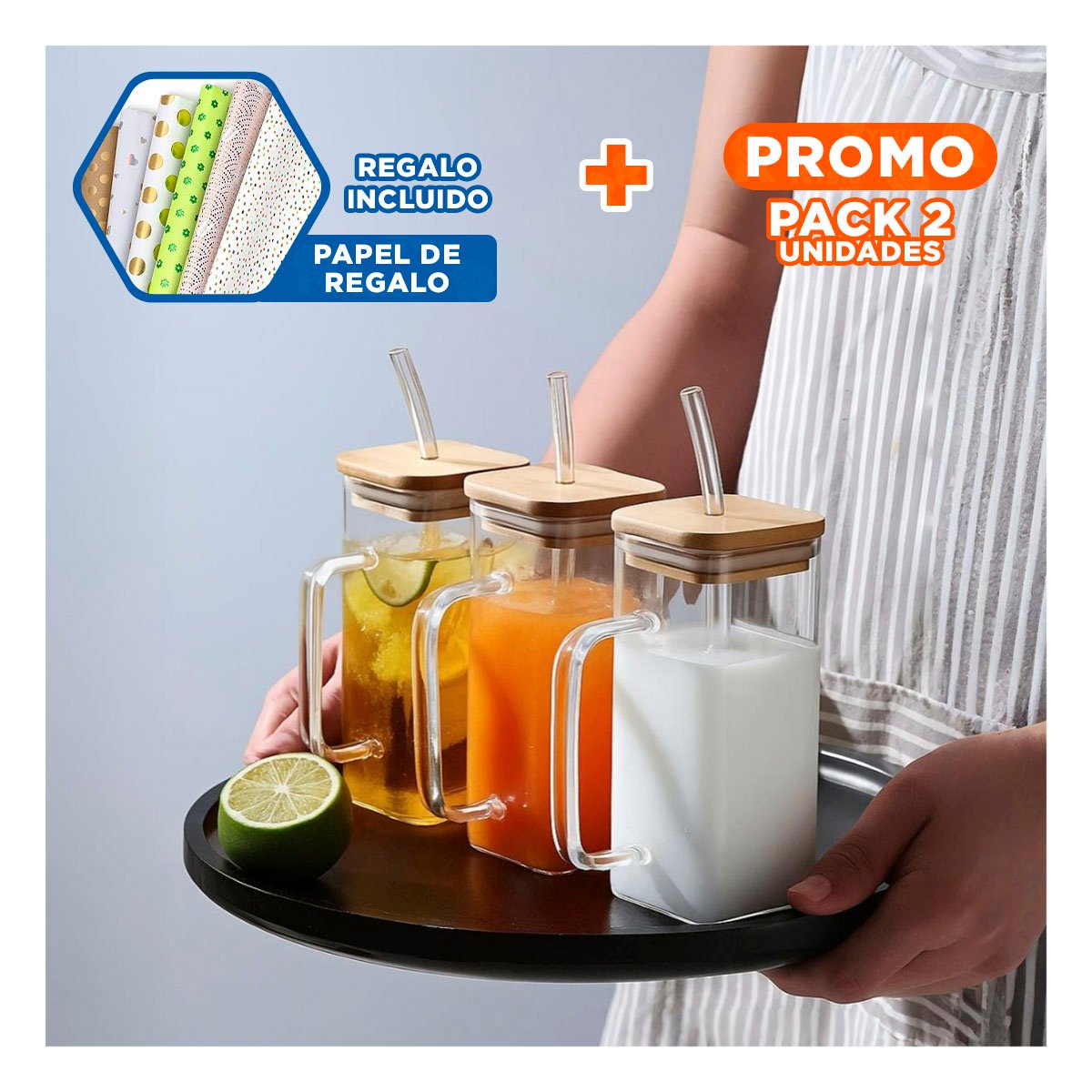 PACK2 CONTENEDOR ELEGANTE 350 ML TRANSPARENTE CON ASA Y SORBETE Y+PAPEL REGALO - 1