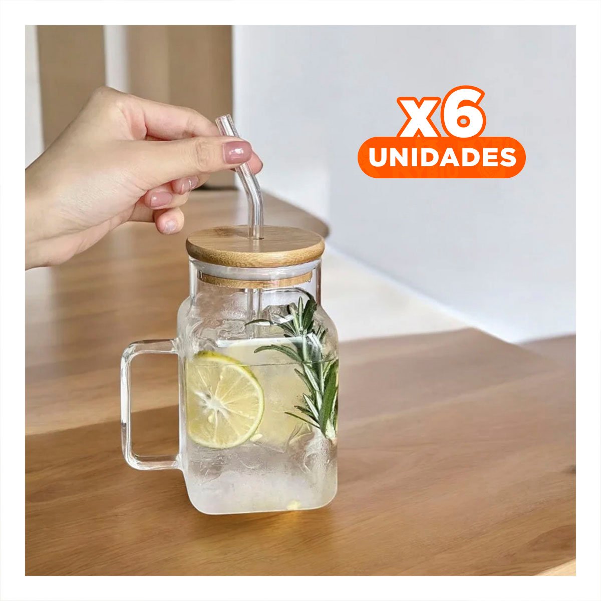 PACK6 CONTENEDOR DE VIDRIO 500ML CON ASA TAPA Y SORBETE Y+REGALO STICKER - 1