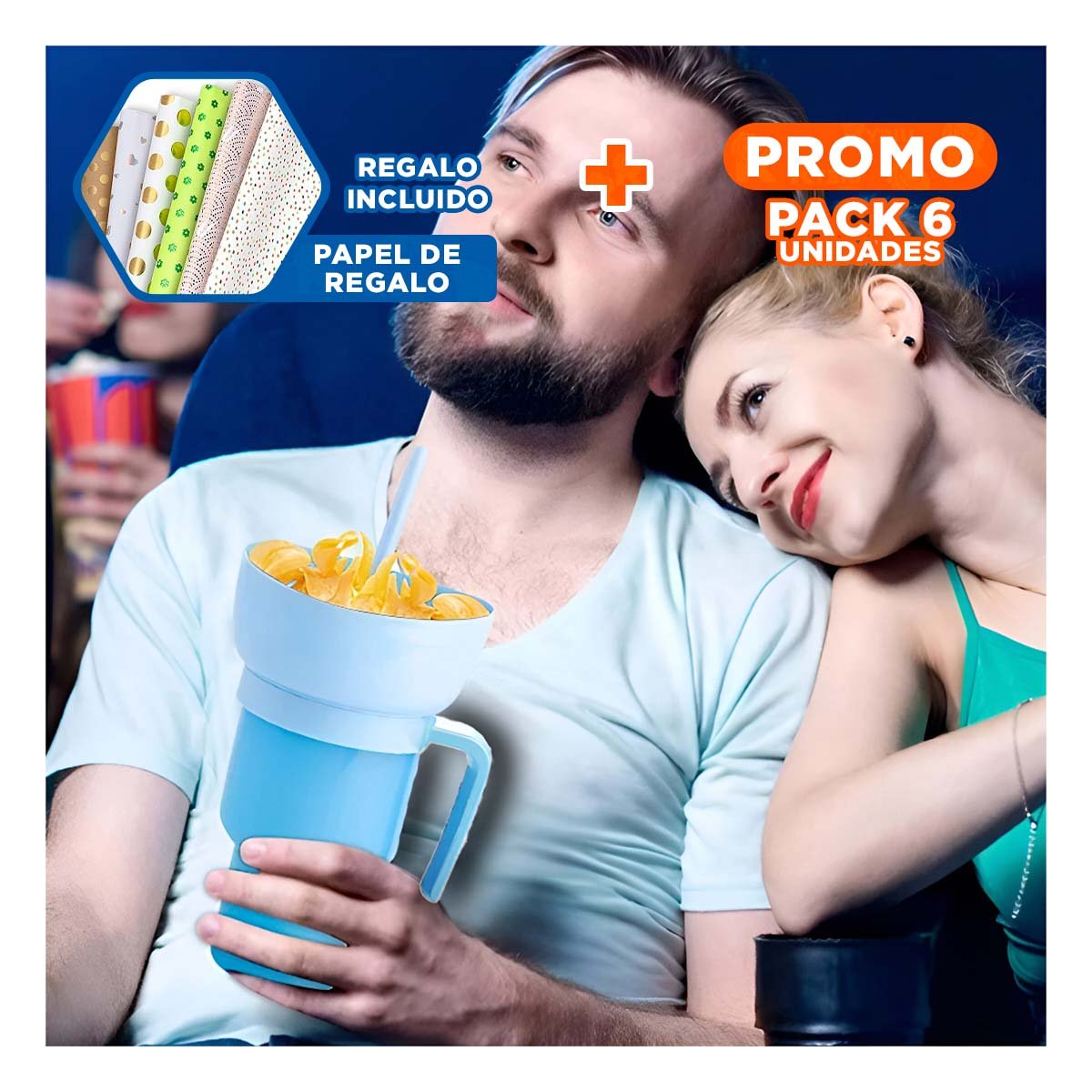 PACK6 CONTENEDOR 2 EN 1 CON ACABADO CELESTE Y CUERPO ABS PARA SNACKS Y+PAPEL REGALO - 1