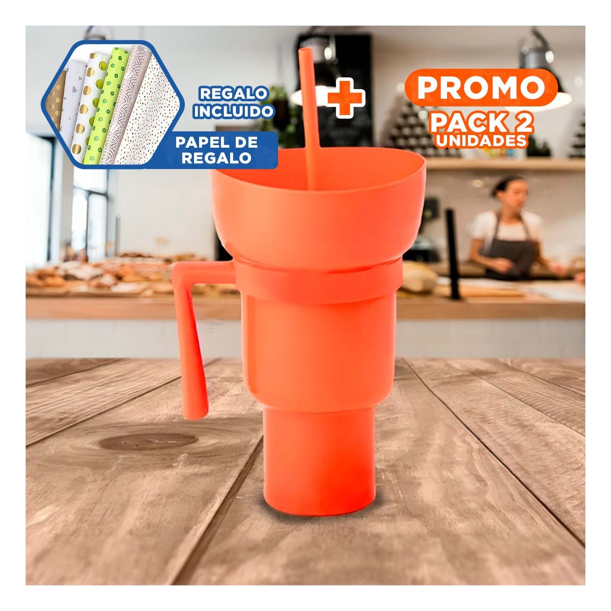 PACK2 VASO 2 EN 1 DE ABS ANARANJADO PARA COMPARTIR SNACKS EN CASA Y OFICINA Y+PAPEL REGALO - 1