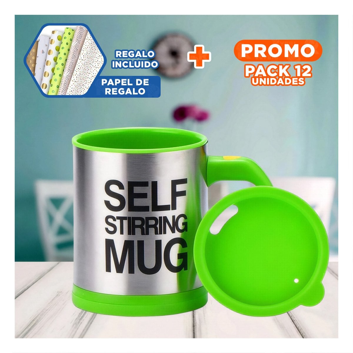 PACK12 MEZCLADOR PRACTICO 400 ML CON 2 PILAS AAA PARA BEBIDAS VERDE Y+PAPEL REGALO - 1