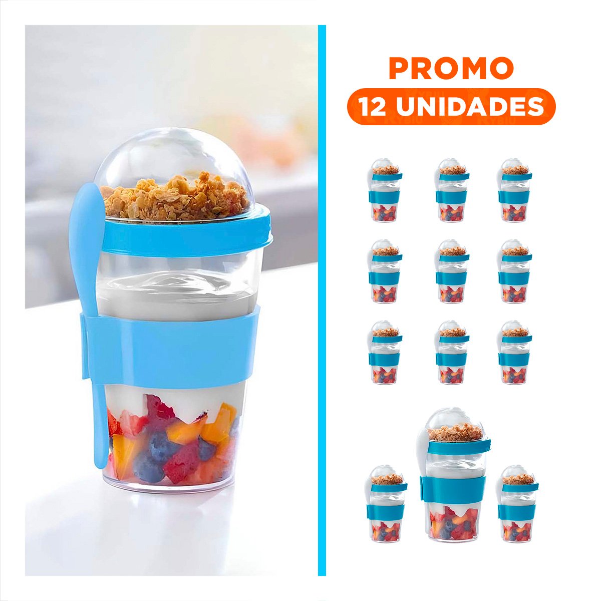 PACK12 TAZA PARA SNACK DIARIO 350 ML CON CUCHARA CELESTE PRACTICO Y+REGALO STICKER - 1