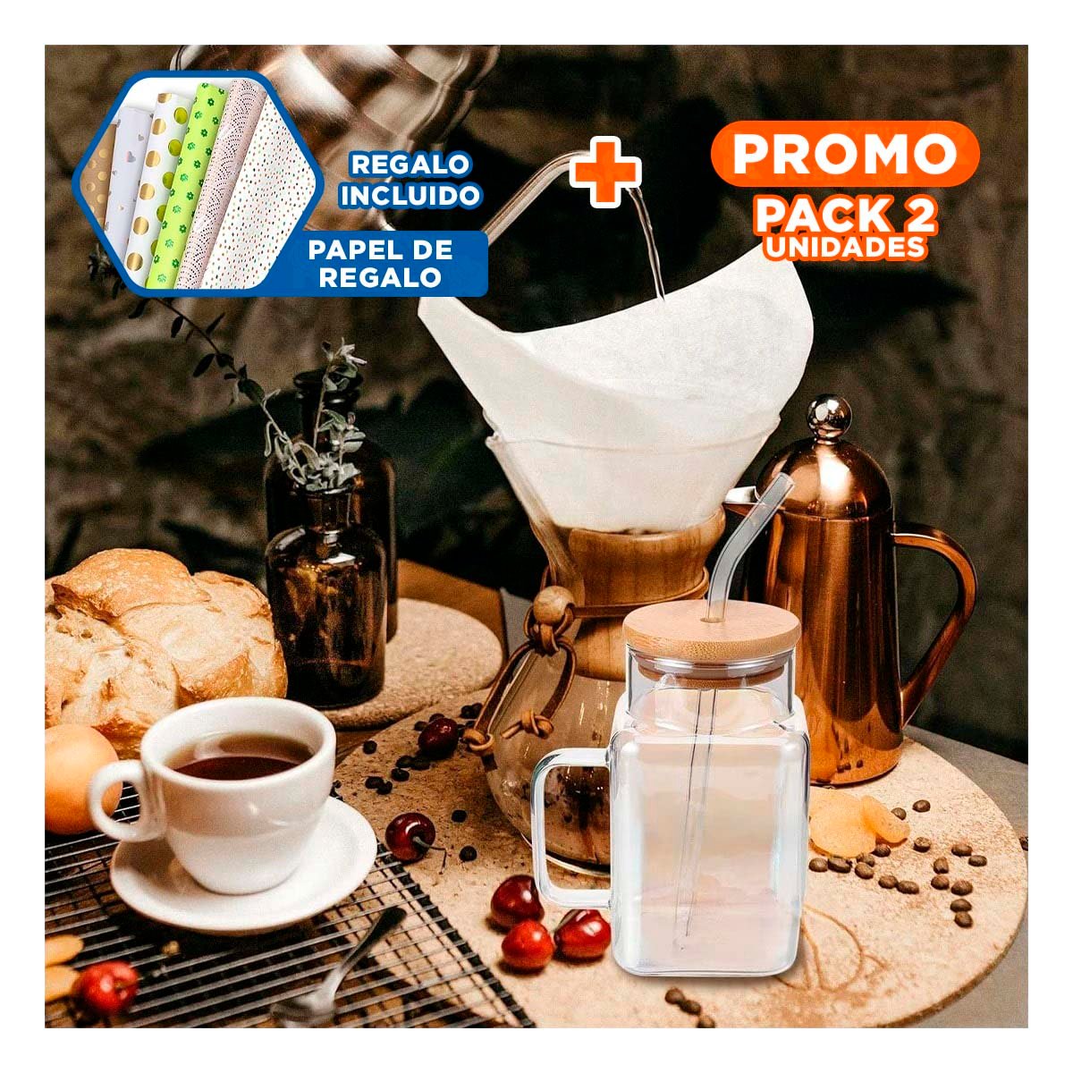 PACK2 TARRO MODERNO DE VIDRIO CON SORBETE REUTILIZABLE 500ML Y+PAPEL REGALO - 1