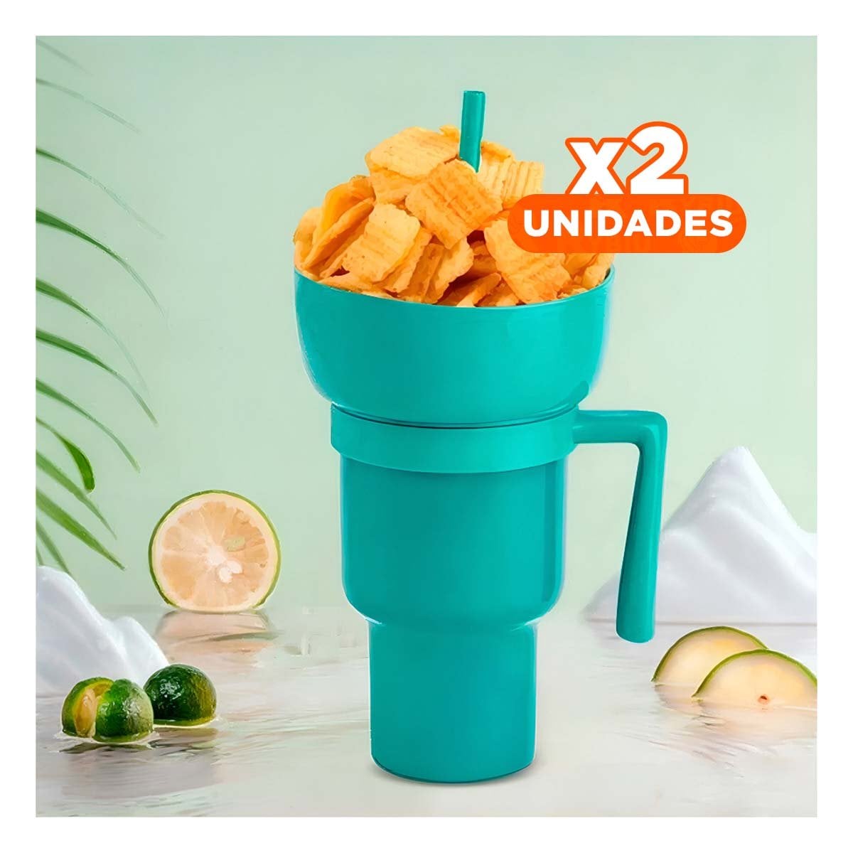 PACK2 VASO 2 EN 1 PARA BEBIDAS NATURALES Y SNACKS CON ESTRUCTURA ABS VERDE Y+REGALO STICKER - 1