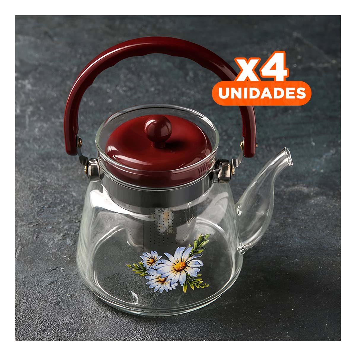 PACK4 JARRA DE USO DIARIO 850ML TRANSPARENTE CON TAPA GUINDA EN ENCIMERA - 1