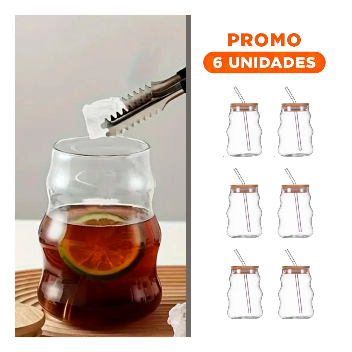 PACK6 JARRA DE VIDRIO 500ML CON TAPA Y SORBETE TRANSPARENTE ESTILO MODERNO - 1