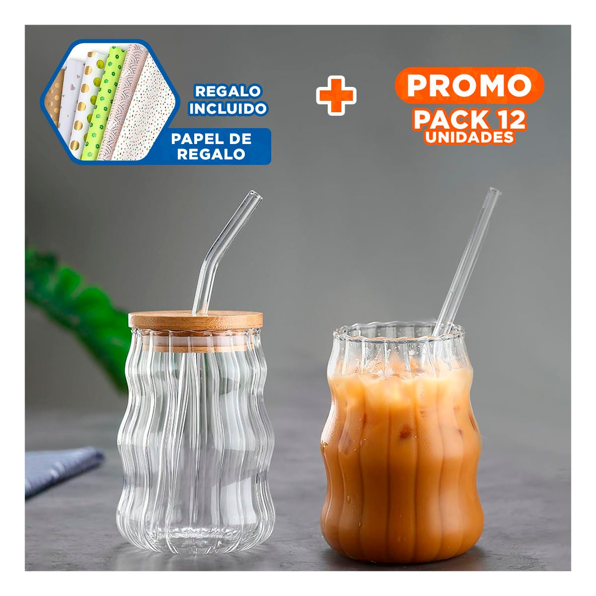 PACK12 FRASCO RAYADO DE VIDRIO 500 ML CON SORBETE INCLUIDO Y+PAPEL REGALO - 1