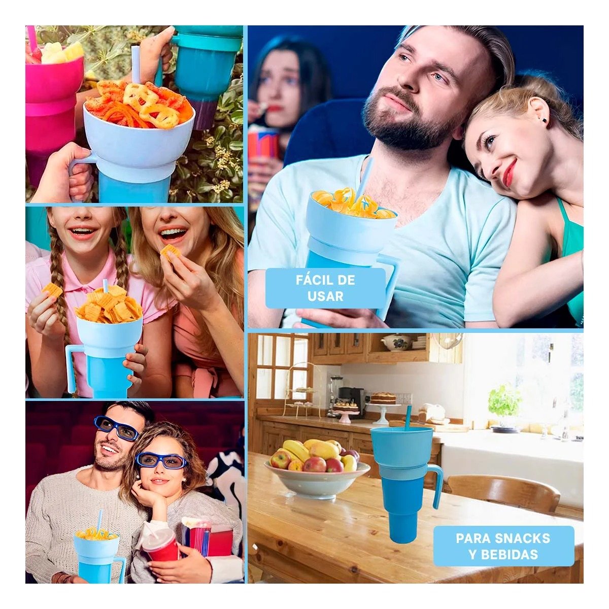 PACK4 CONTENEDOR 2 EN 1 EN ABS CELESTE PARA BEBIDAS Y SNACKS Y+REGALO STICKER - 2