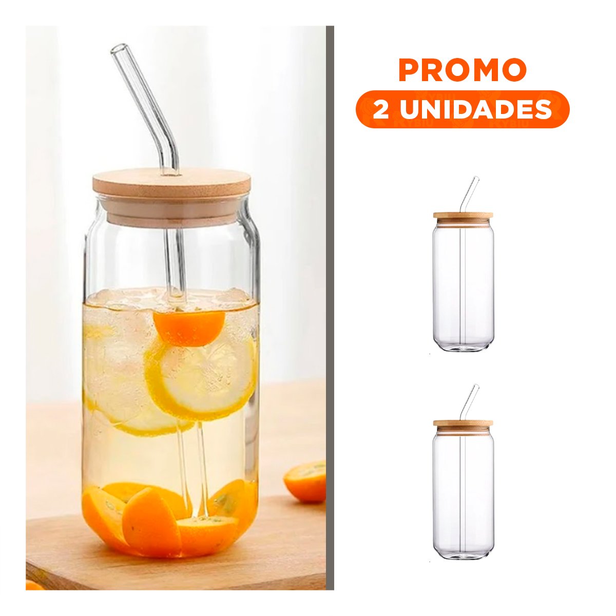PACK2 CONTENEDOR MODERNO DE VIDRIO 500ML CON TAPA Y SORBETE - 1