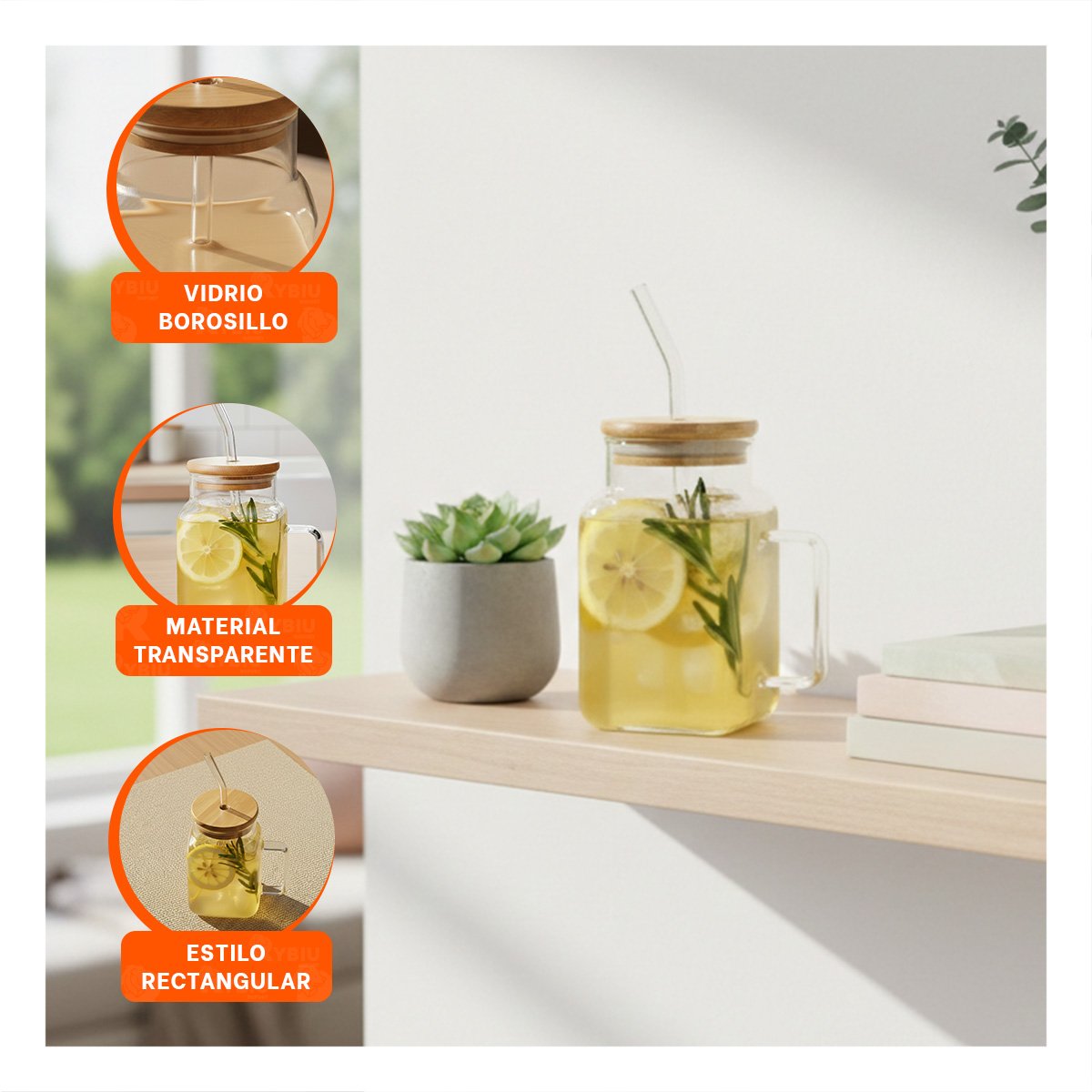 PACK4 RECIPIENTE DE VIDRIO 500ML CON ASA TAPA Y SORBETE - 5