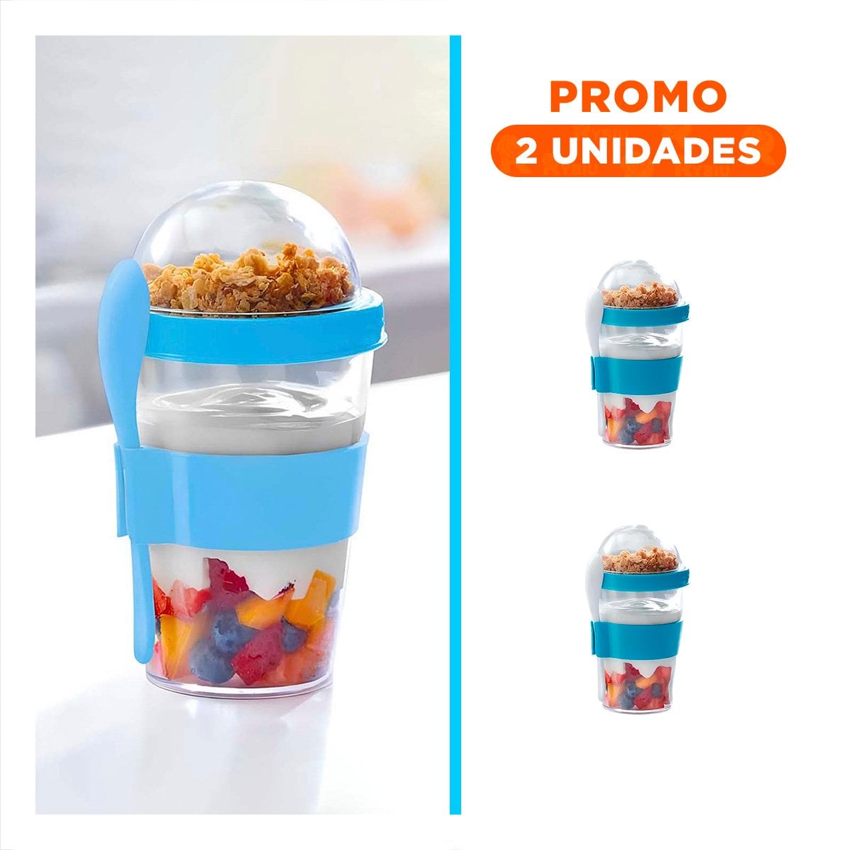 PACK2 VASO CON CUCHARA REUTILIZABLE PARA YOGURT Y CEREAL 350 ML CELESTE - 1