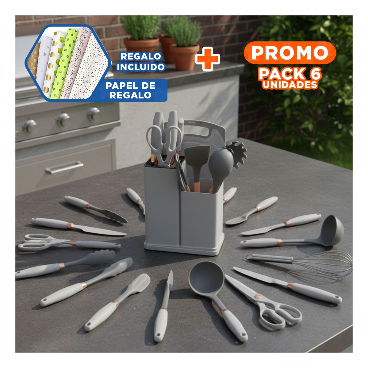 PACK6 EQUIPO COCINA PROFESIONAL EN PLOMO CON CUERPO ACERO INOXIDABLE Y+PAPEL REGALO - 1