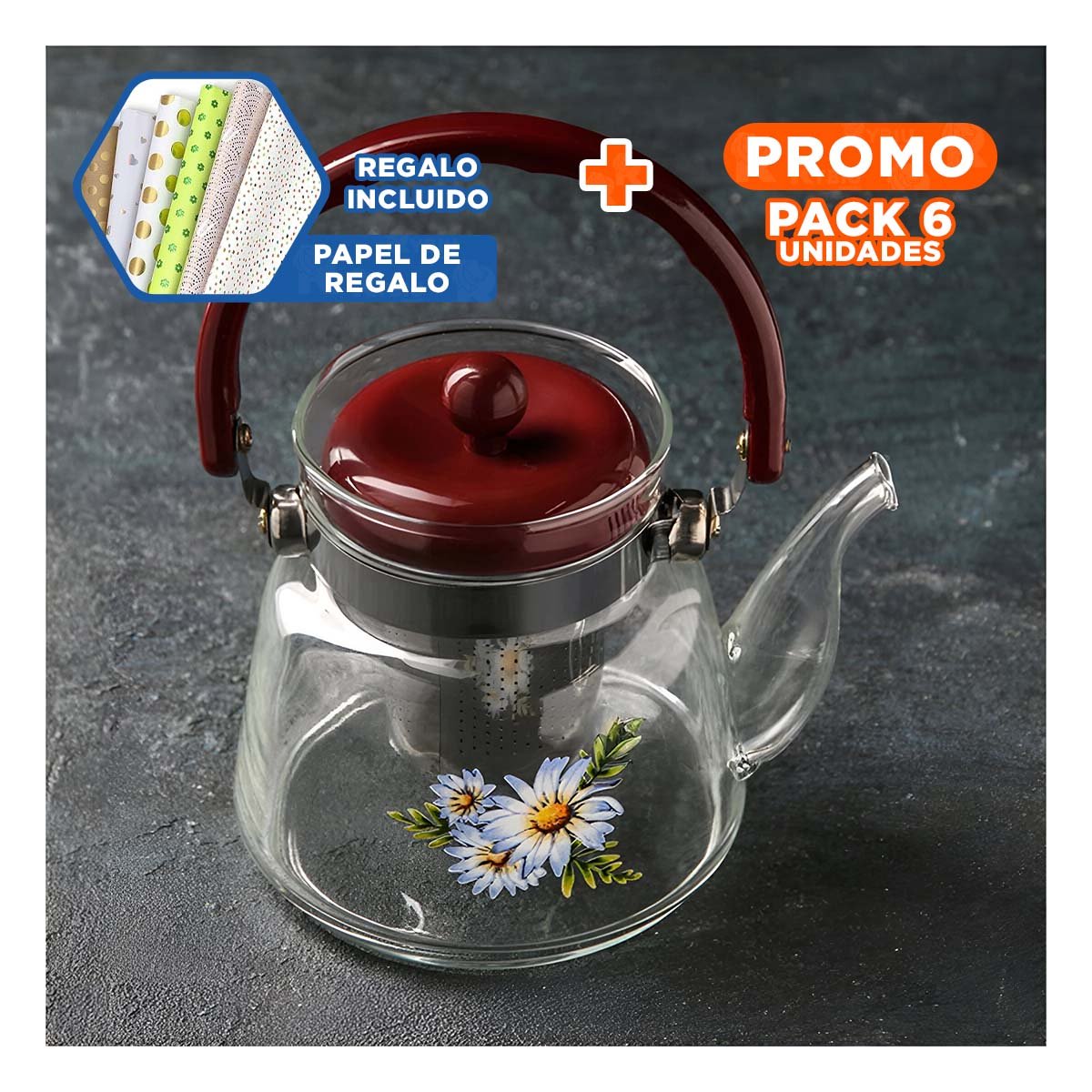 PACK6 RECIPIENTE 600ML TRANSPARENTE CON TAPA GUINDA PARA SERVICIO HABITUAL Y+PAPEL REGALO - 1