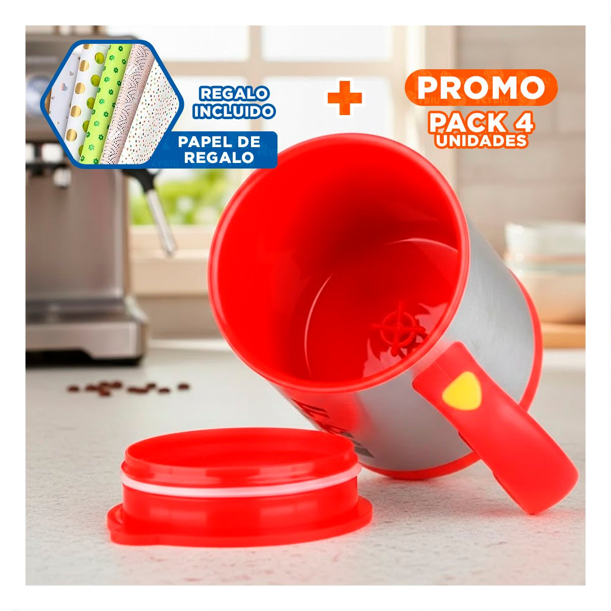 PACK4 MEZCLADOR PORTATIL ELECTRICO 400 ML CON 2 PILAS AAA PARA VIAJE ROJO Y+PAPEL REGALO - 1