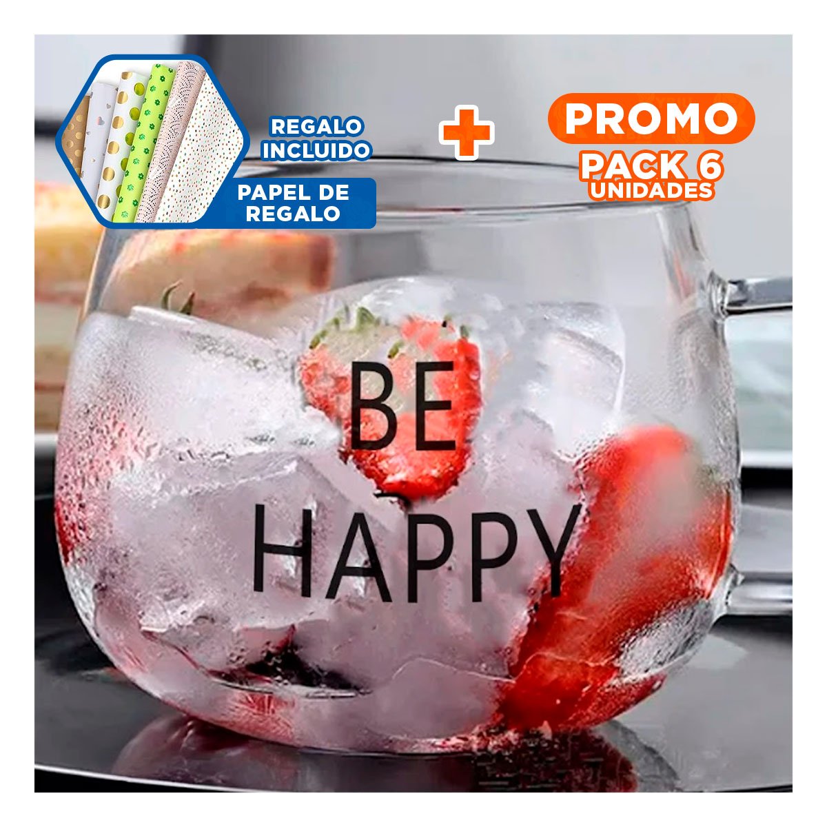 PACK6 COPA 350 ML EN VIDRIO TRANSPARENTE ESTETICA FRASE BE HAPPY Y+REGALO STICKER - 1