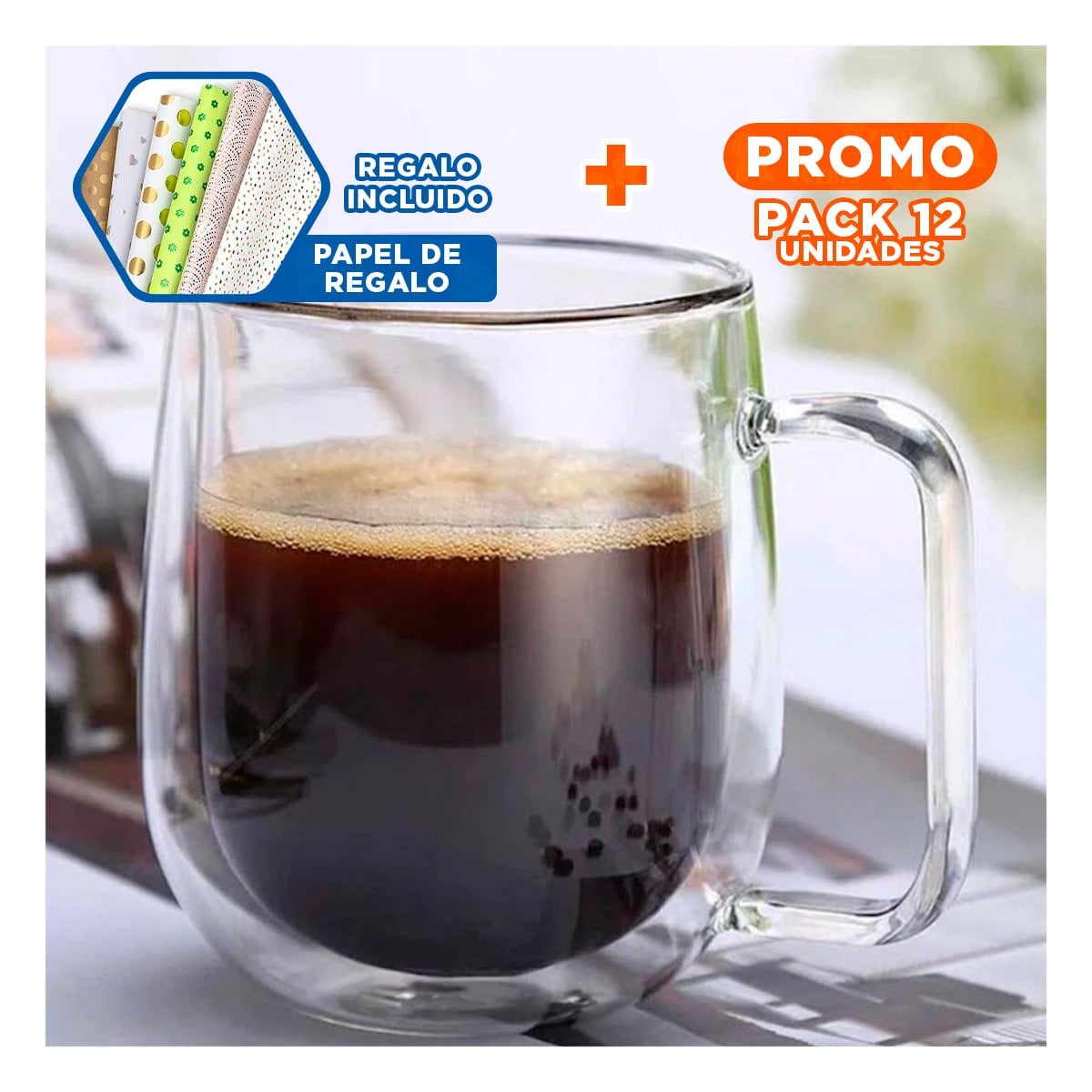 PACK12 COPA CON ASA CUADRADA ESPRESSO 100 ML DOBLE CAPA TRANSPARENTE Y+PAPEL REGALO - 1