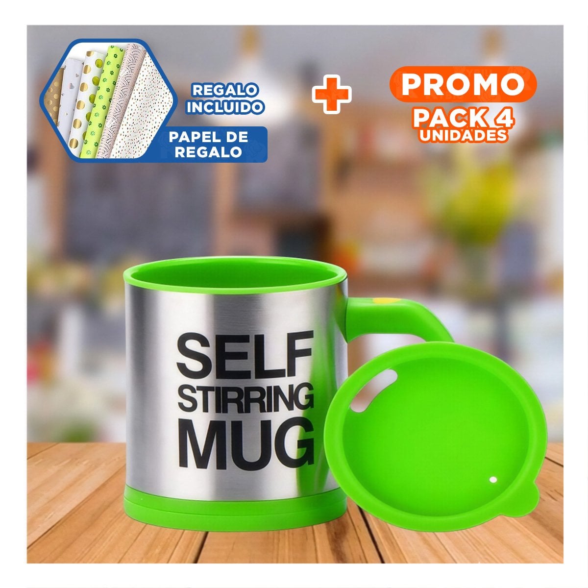 PACK4 MEZCLADOR PORTATIL ELECTRICO 400 ML CON 2 PILAS AAA PARA VIAJE VERDE Y+PAPEL REGALO - 1