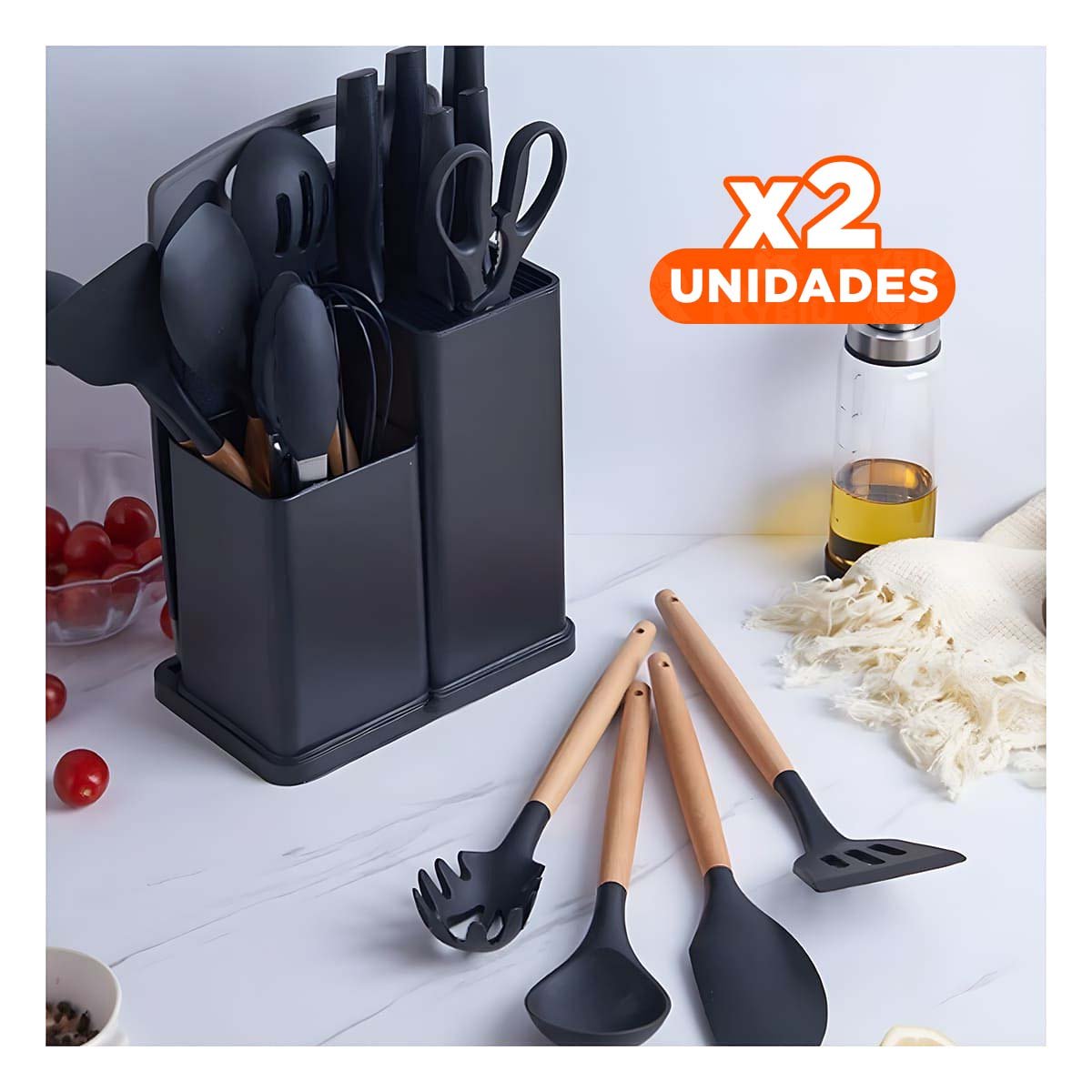 PACK2 SET ENFOQUE COCINA PROFESIONAL 18 PZ ACERO INOXIDABLE CON TABLA NEGRO Y+REGALO STICKER - 1