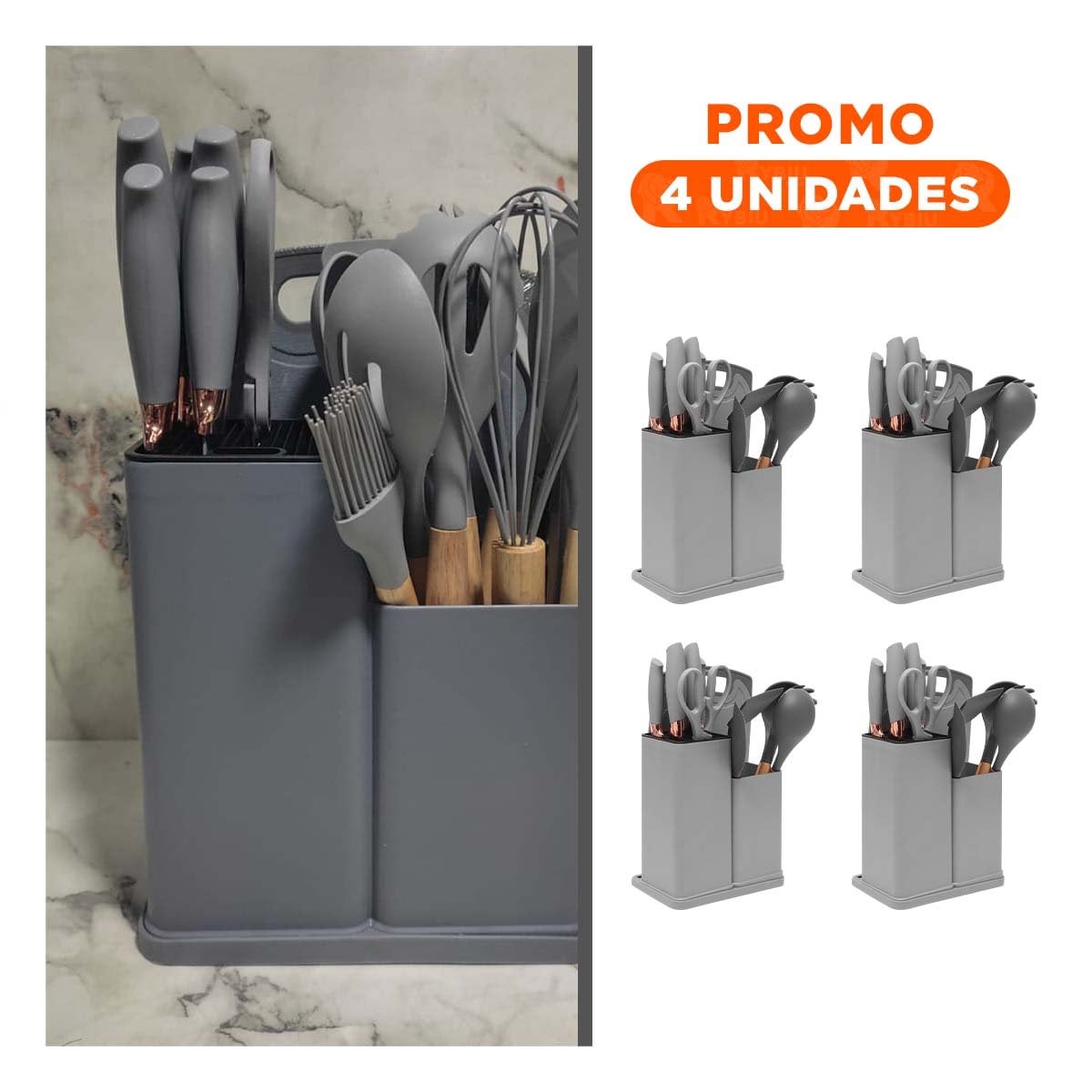 PACK4 EQUIPO COCINA PROFESIONAL FABRICADO EN ACERO INOXIDABLE 18 PIEZAS PLOMO Y+REGALO STICKER - 1