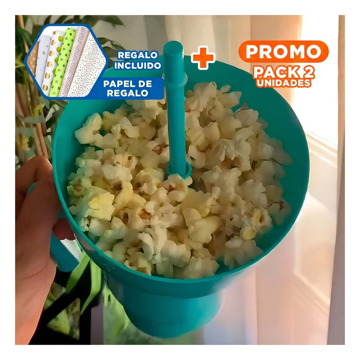 PACK2 VASO 2 EN 1 DE ABS VERDE PARA COMPARTIR SNACKS EN CASA Y OFICINA Y+PAPEL REGALO - 1